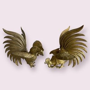 Vintage MCM Solid Brass Fighting Roosters